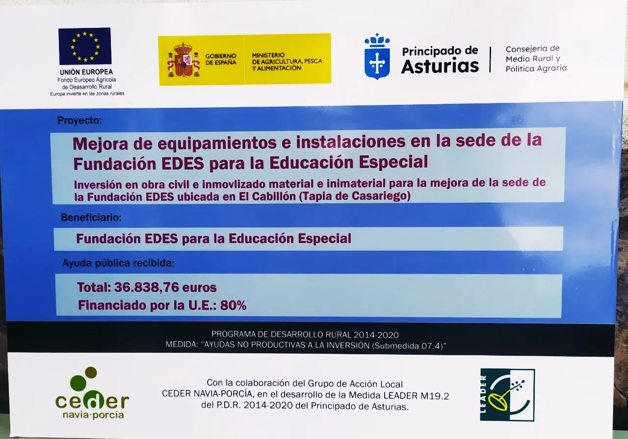Placa descriptiva de la Subvención concedida a través de los Fondos Leader , para la mejora de Equipamiento e instalaciones en nuestra Sede. 